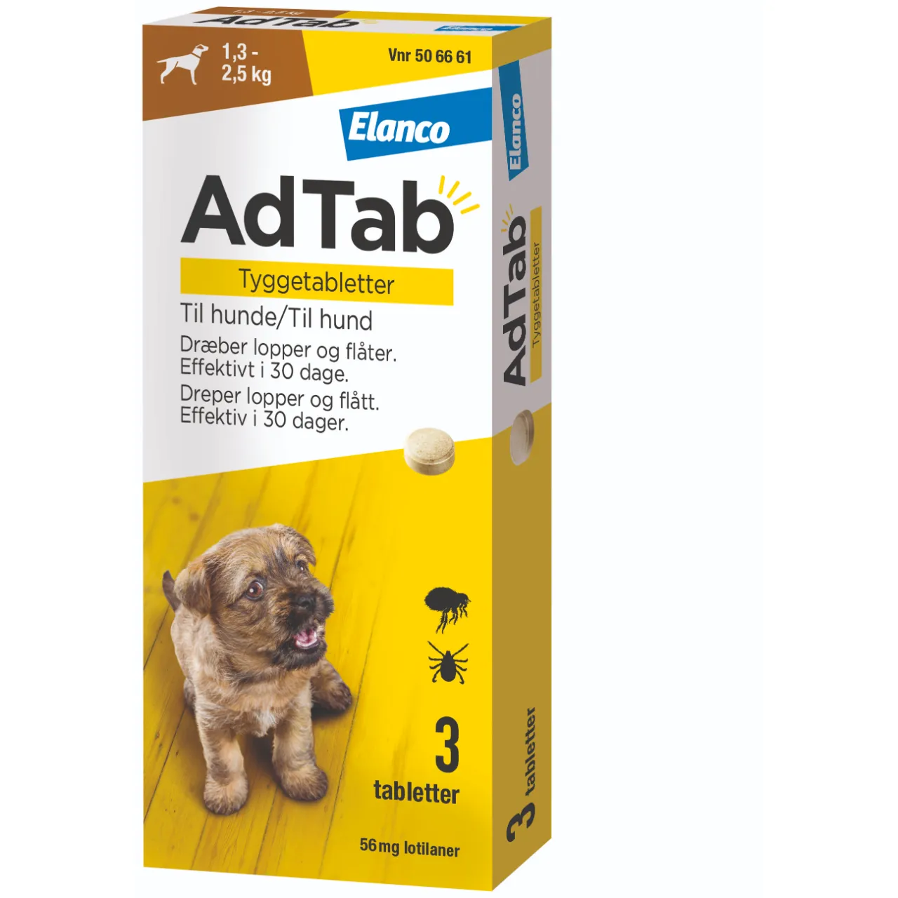 AdTab til hunde 1,3-2,5 kg 56 mg - loppe- og flåttablet til små hunde